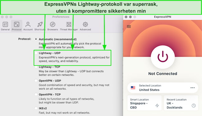 Skjermbilde av ExpressVPNs protokollliste