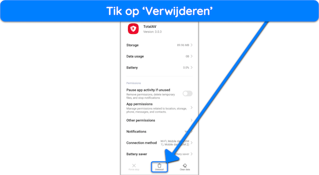 Schermafbeelding die laat zien hoe u TotalAV van Android kunt verwijderen
