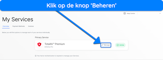 Schermafbeelding die laat zien hoe u een actief TotalAV-abonnement beheert