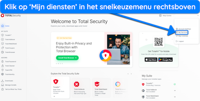 Schermafbeelding die laat zien hoe u toegang krijgt tot het menu met actieve abonnementen in het webportaal van TotalAV