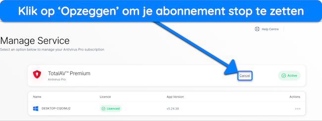 Schermafbeelding die laat zien hoe u het opzegproces voor uw TotalAV-abonnement start