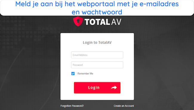 Screenshot van het inlogformulier op de website van TotalAV