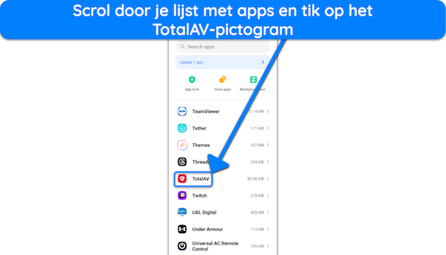 Schermafbeelding van TotalAV in de geïnstalleerde Android-apps