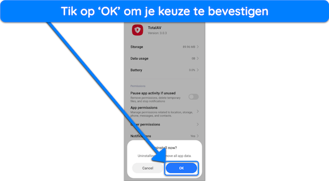 Schermafbeelding die laat zien hoe u de verwijdering van TotalAV van Android kunt bevestigen