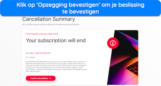 Schermafbeelding van de definitieve bevestiging voordat u uw TotalAV-account annuleert