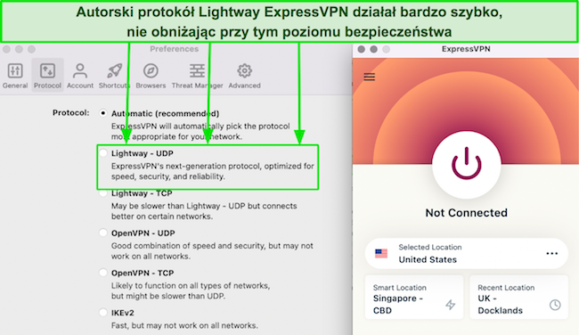 Zrzut ekranu listy protokołów ExpressVPN