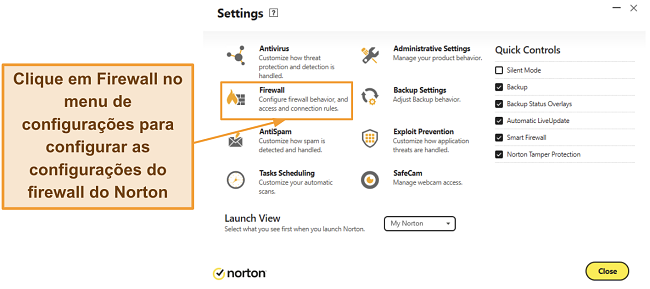 Captura de tela mostrando como acessar as configurações do firewall Norton