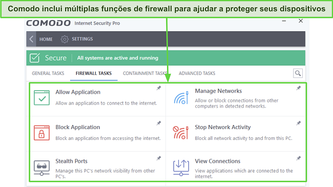 Captura de tela mostrando as várias características de proteção do firewall Comodo