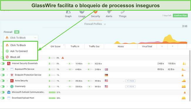 Captura de tela mostrando como bloquear processos no GlassWire