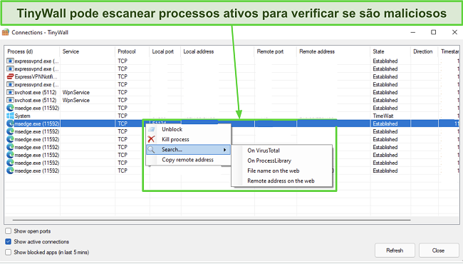 Captura de tela mostrando como você pode usar o TinyWall para escanear processos ativos