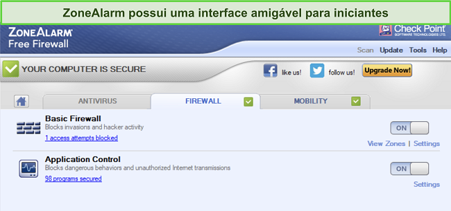 Captura de tela da interface do firewall ZoneAlarm