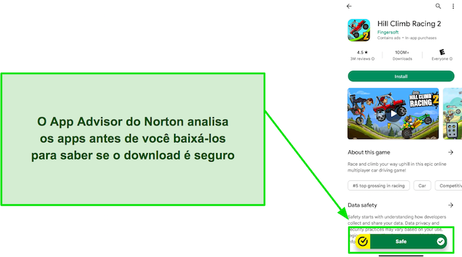 Captura de tela do App Advisor do Norton destacando que um aplicativo é seguro