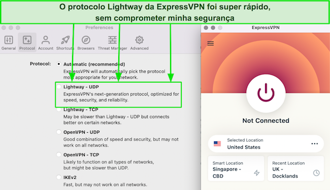 Captura de tela da lista de protocolos da ExpressVPN