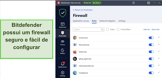 Imagem da interface do firewall Bitdefender