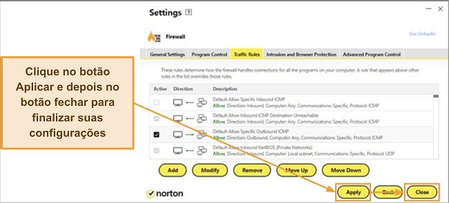 Imagem do Norton confirmando as configurações do firewall