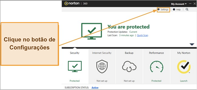 Menu principal do firewall Norton e como ele protege seu pc
