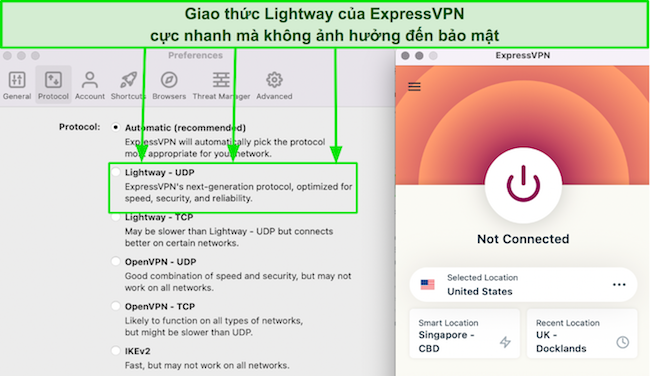 Ảnh chụp màn hình danh sách giao thức của ExpressVPN