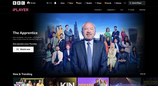 Screenshot of BBC iPlayer homepage