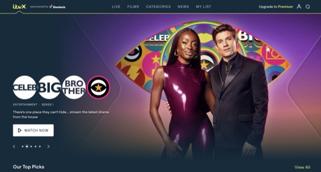 Screenshot of ITVx homepage