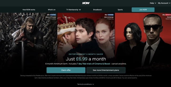 Screenshot of Now TV homepage