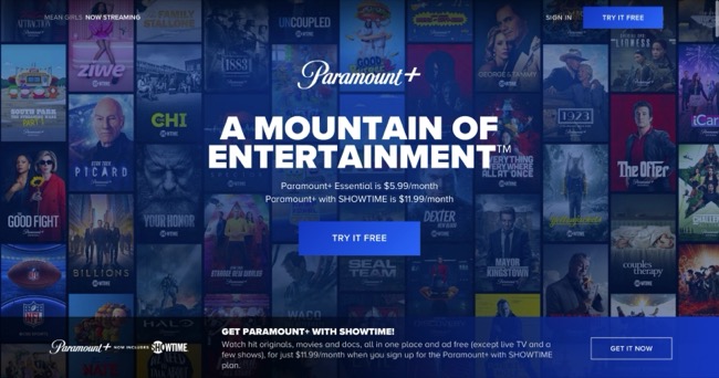 Screenshot of Paramount+ homepage