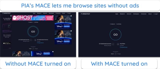 A screenshot of PIA's MACE blocking banner ads on a popular site during tests