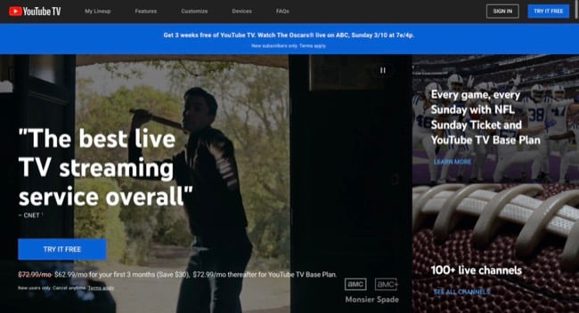 Screenshot of YouTube TV homepage