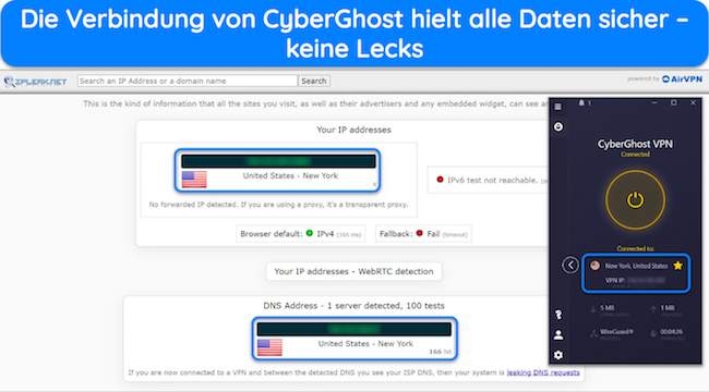 Screenshot eines Datenlecktests, bei dem keine Daten angezeigt wurden, während eine Verbindung zu einem CyberGhost-Server in New York bestand