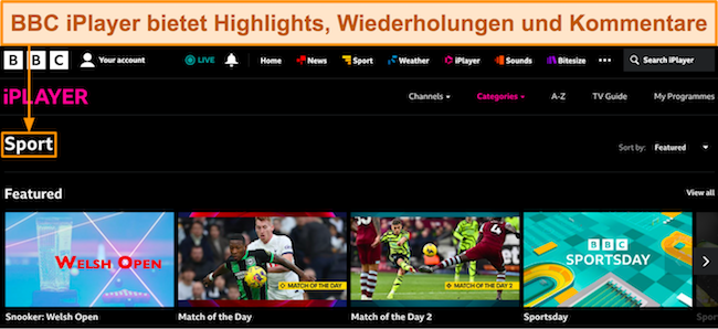 Screenshot des Dashboards des BBC iPlayers mit den in der Kategorie „Sport“ verfügbaren Inhalten