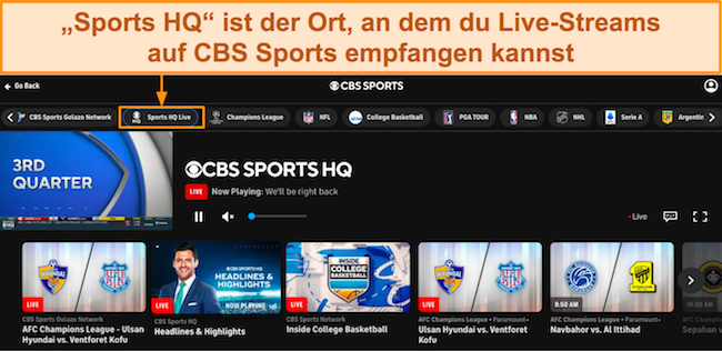 Screenshot von CBS Sports-Inhalten, die im Abschnitt „Sports HQ Live“ angezeigt werden