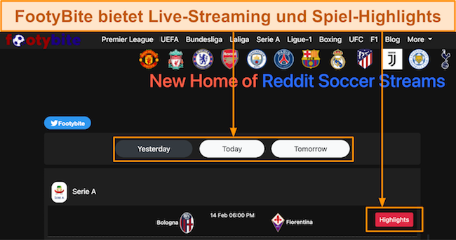 Screenshot der FootyBite-Homepage mit Fußballspiel-Highlights auf der Registerkarte „Gestern“.