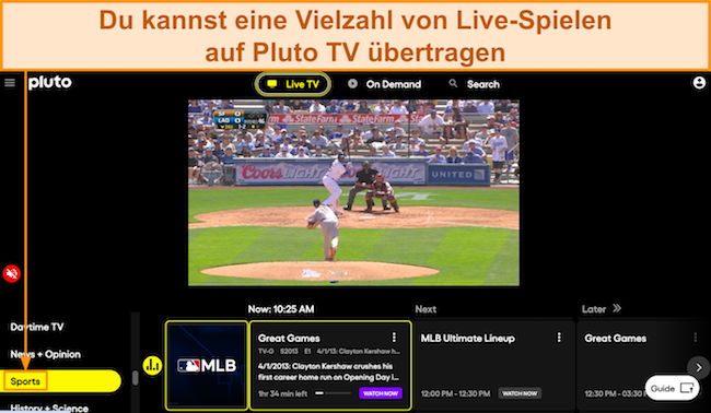 Screenshot eines MLB-Spiels, das live auf Pluto TV übertragen wird
