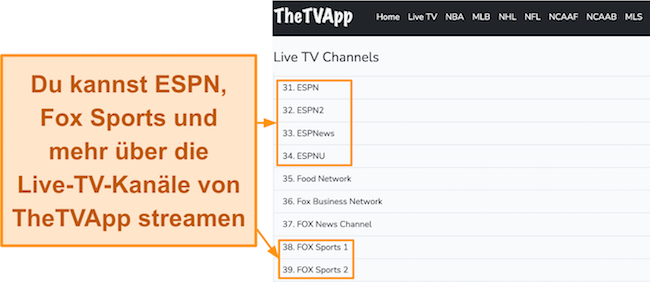 Screenshot des Dashboards von TheTVApp mit der Liste der Live-TV-Kanäle