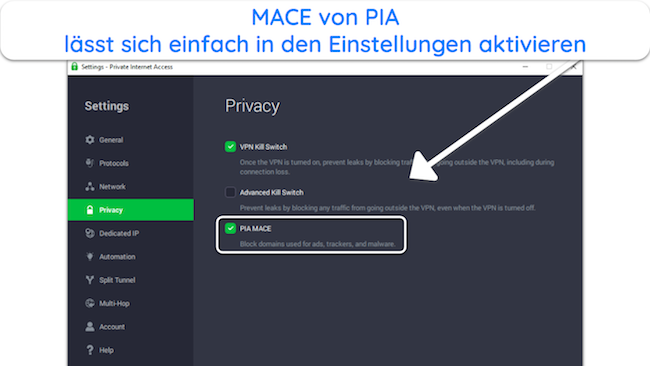 Screenshot der MACE-Funktion von PIA in den Einstellungen