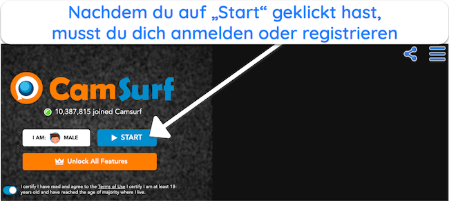 Screenshot der 10 besten Omegle-Alternativen auf der Camsurf-Homepage