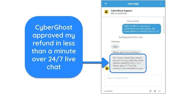 Screenshot of a user successfully requesting a refund from CyberGhost over live chat with the 30-day money-back guarantee