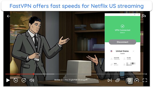 Screenshot of 'Archer' playing on Netflix US using FastVPN's US server