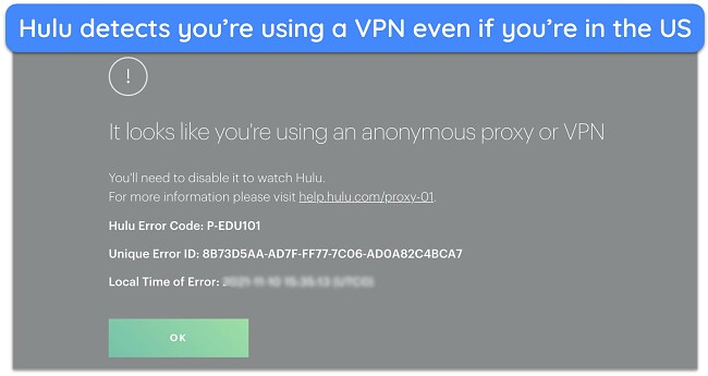 Screenshot of Hulu showing an error message, detecting VPN usage