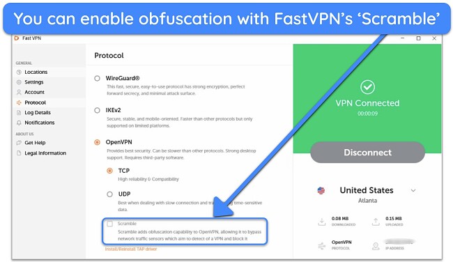 Screenshot of FastVPN's 'Scramble' feature, available on OpenVPN for obfuscation