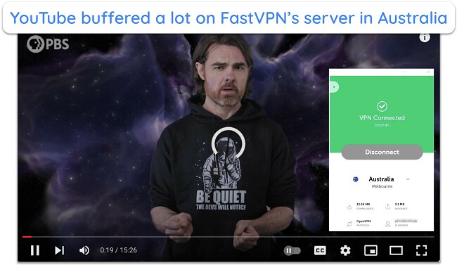 Screenshot of a YouTube stream buffering while connected to FastVPN's server in Melbourne, Australia