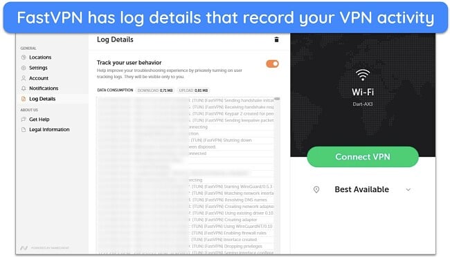 Screenshot of FastVPN's Log Details tab that tracks VPN activity