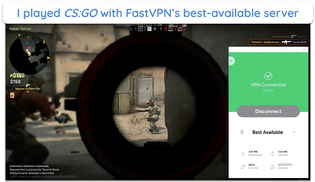 Screenshot of CS:GO playing without lag on FastVPN's best available server