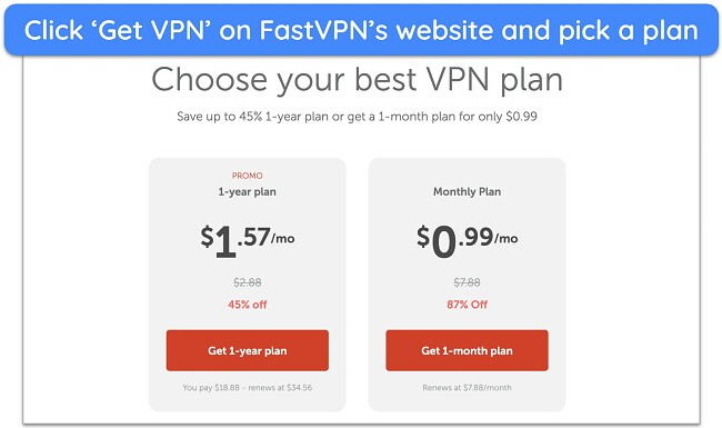 Screenshot of FastVPN's price plans on its website