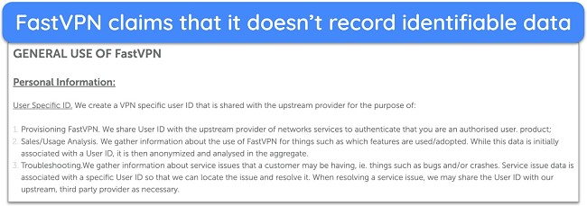Screenshot of FastVPN's privacy policy