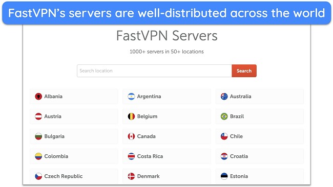Screenshot of FastVPN's server list on its website