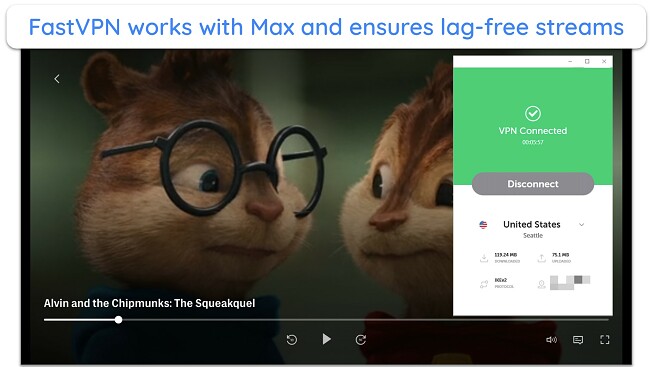 Screenshot of Alvin and the Chipmunks streaming on Max using FastVPN's server in the US