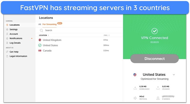 Screenshot of FastVPN's list of streaming servers under its 'For Streaming' tab