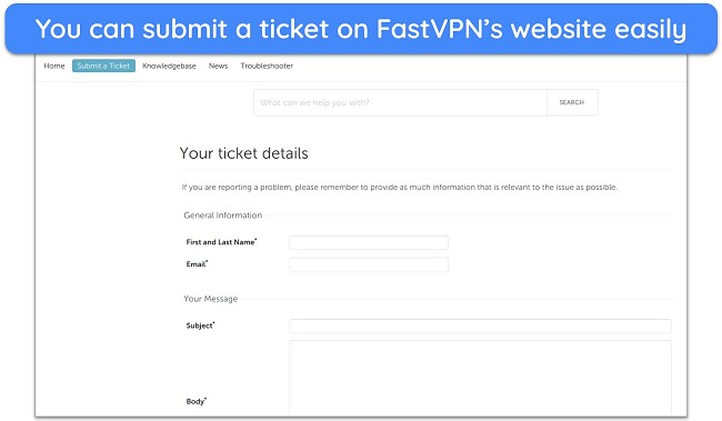 Screenshot of FastVPN's submit a ticket page on its website