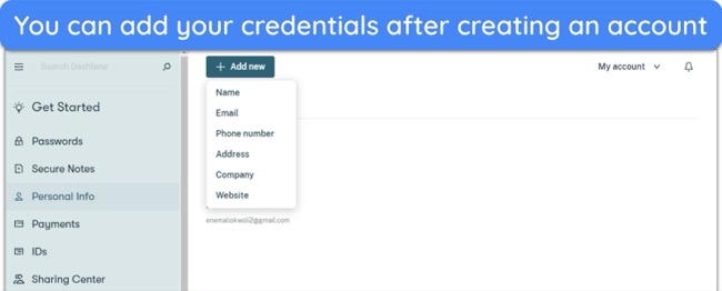Screenshot of how to add credentials on Dashlane after creating an account