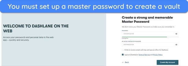 Screenshot of how to set up a master password when creating an account on Dashlane